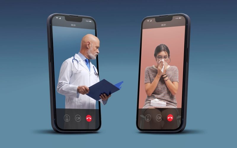 Two phones with Patient having flu in one screen and doctor holding her file in other screen