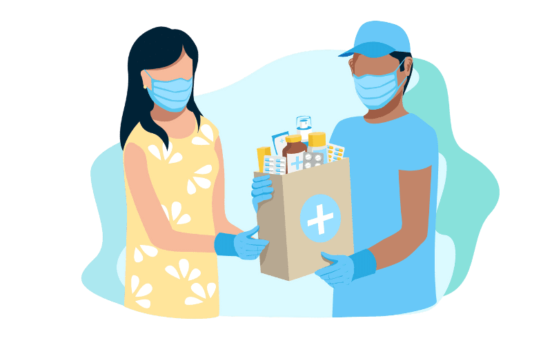 female in yellow dress receiving her medication delivery from a pharmacy store